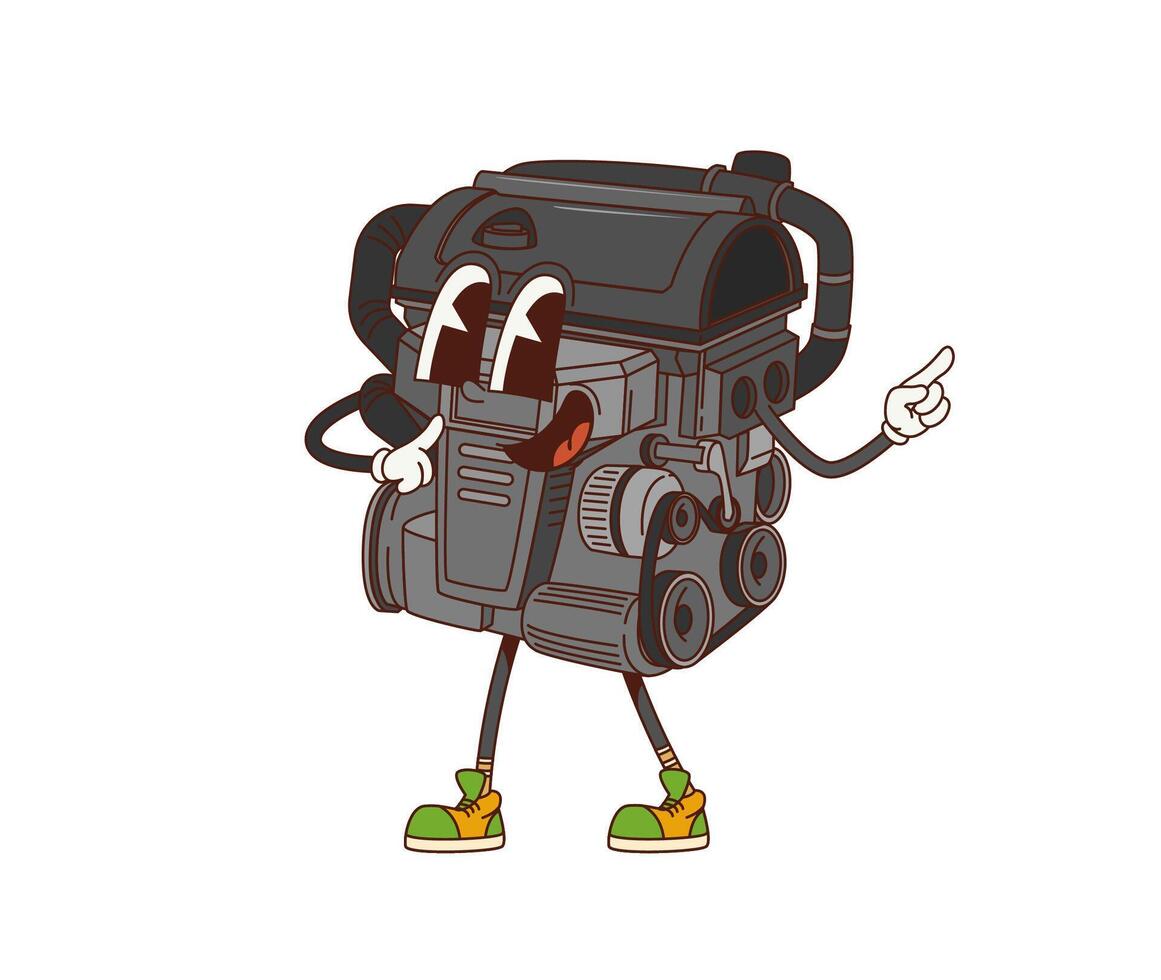 Cartoon retro groovy car engine funny character vector