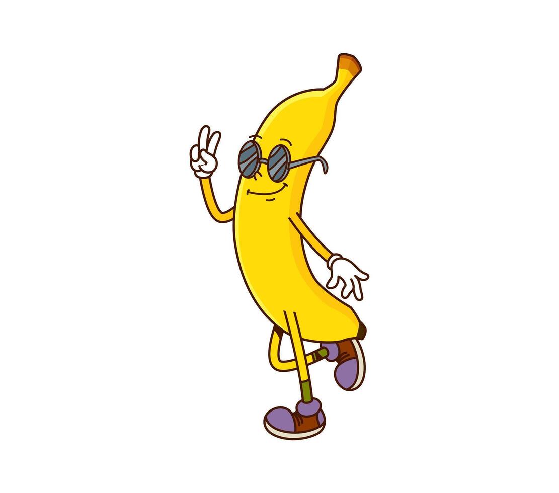 Cartoon funny groovy banana fruit retro character vector