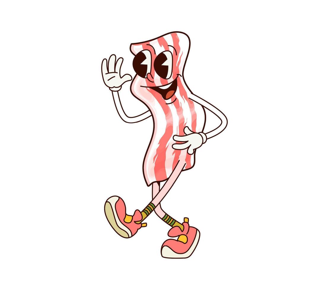 Groovy breakfast bacon isolated cartoon character vector