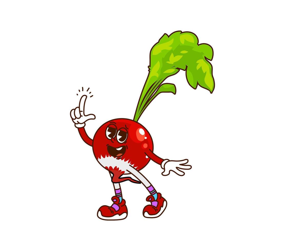Cartoon groovy radish veggie character in sneakers vector