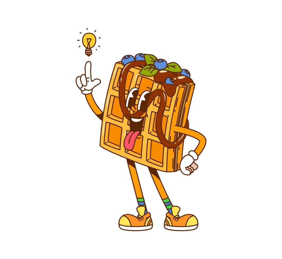 Retro cartoon groovy Belgian waffle character vector