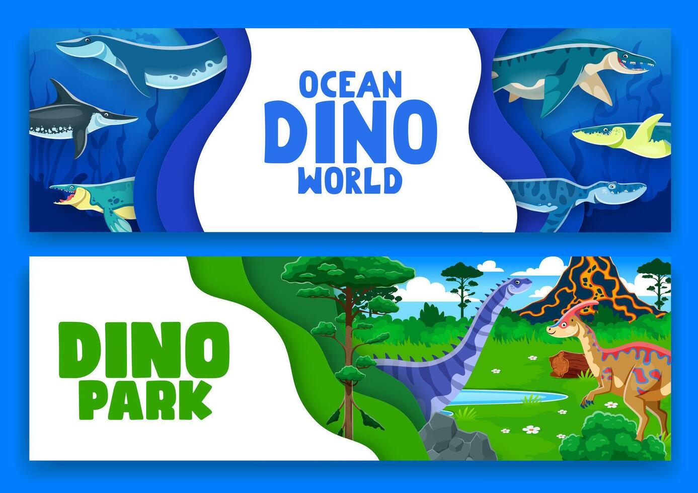 Dinosaurs park paper cut banners, prehistoric dino vector
