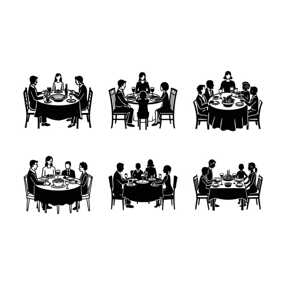 Dinner Table with Family and Linocut Silhouette Design vector