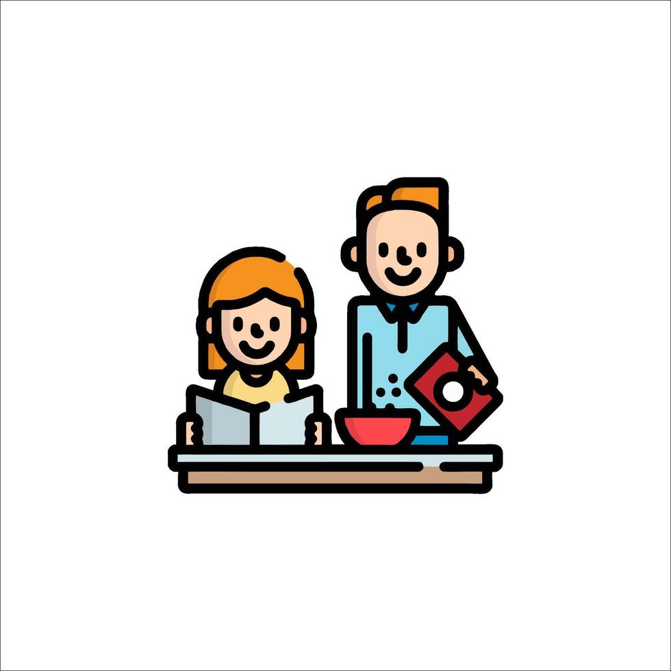 A man and woman are sitting at a table with a book vector