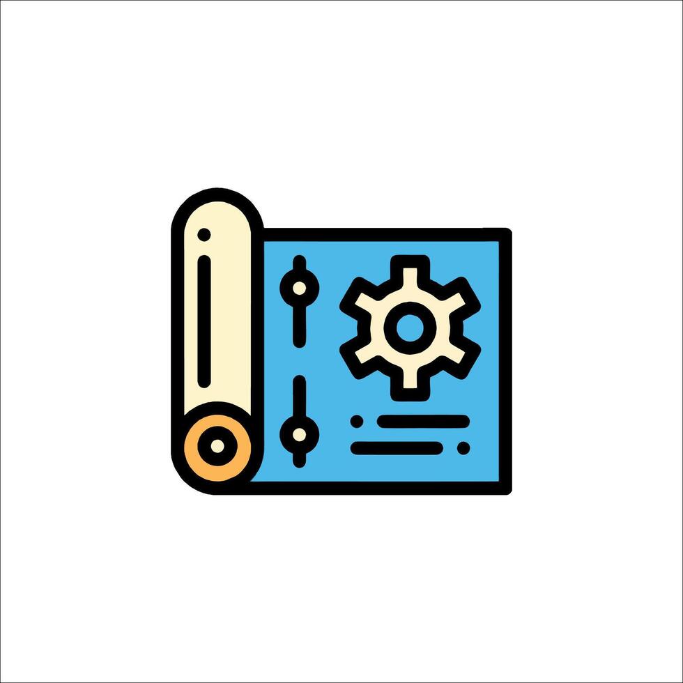 A blue and white icon of a computer and gears vector
