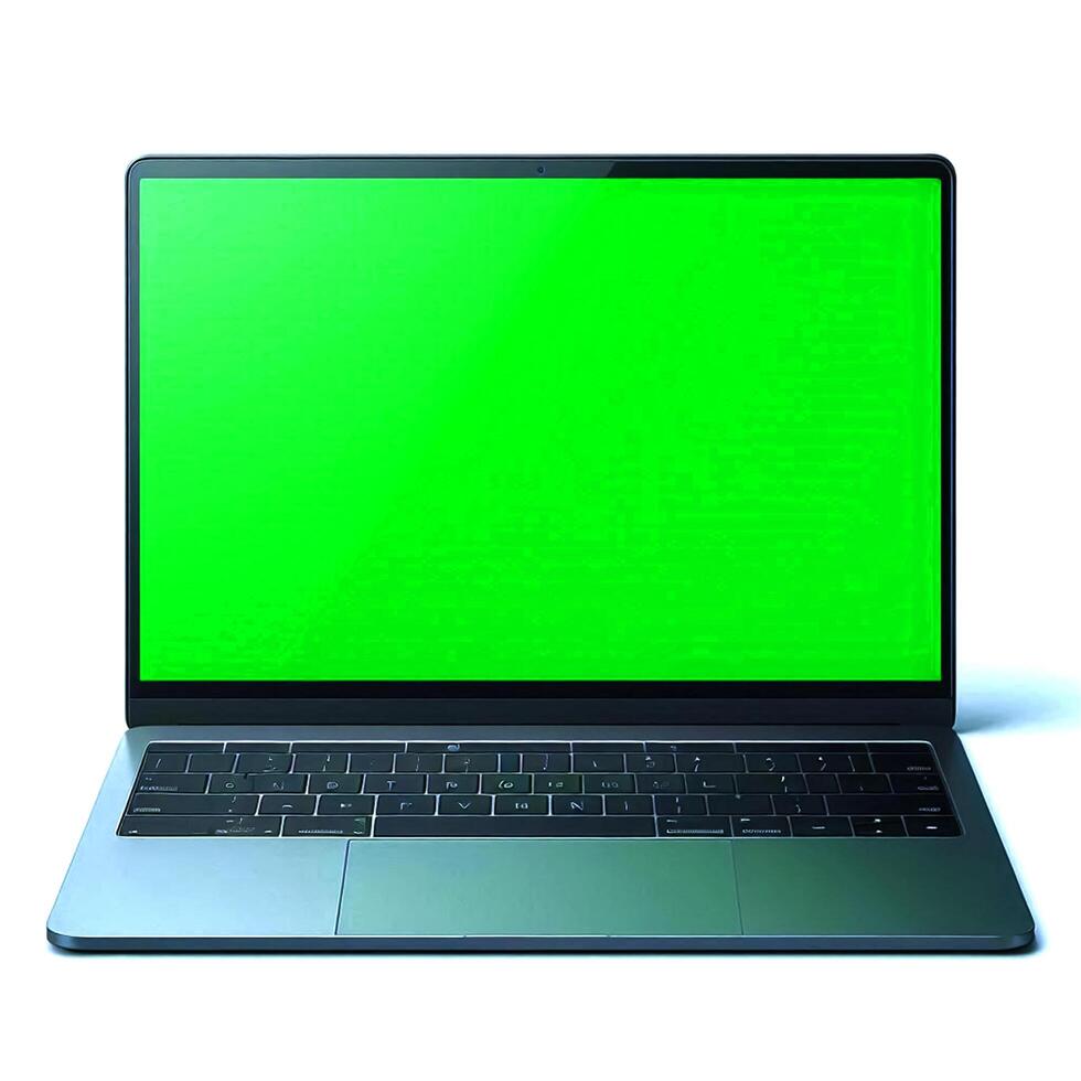 Laptop with green screen on white background photo