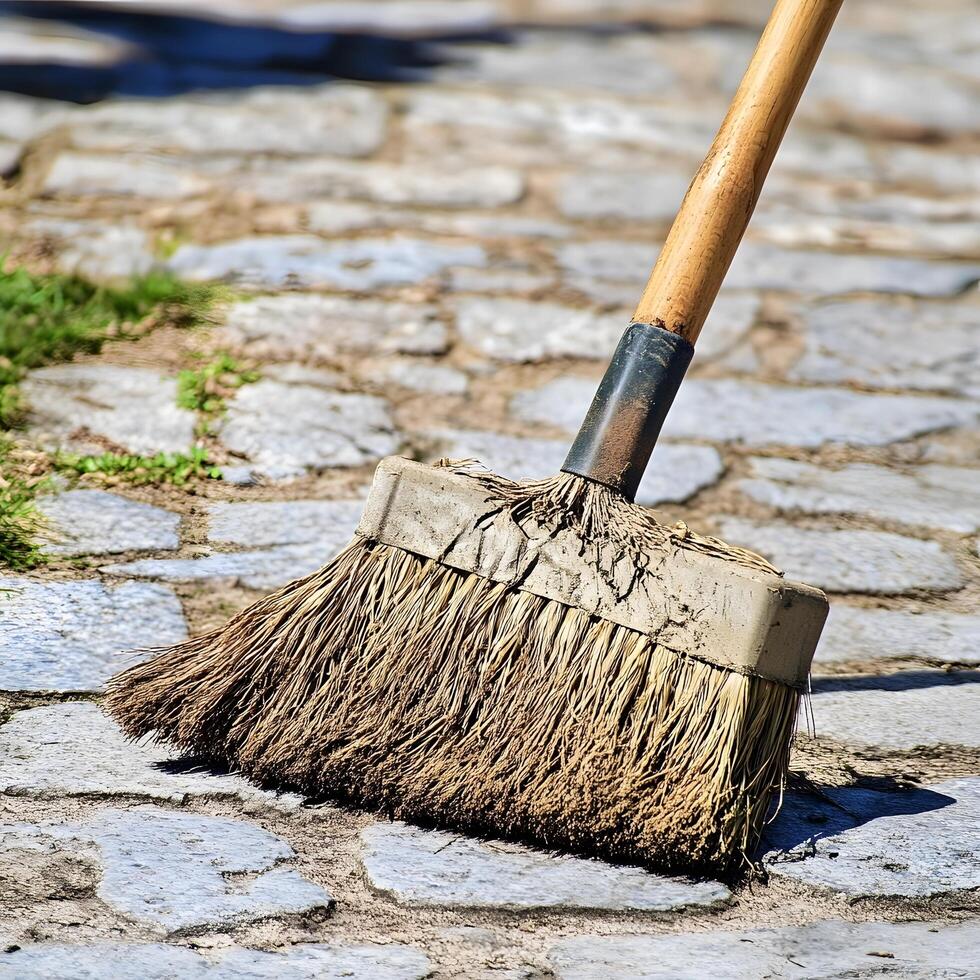 A broom on a stone path photo