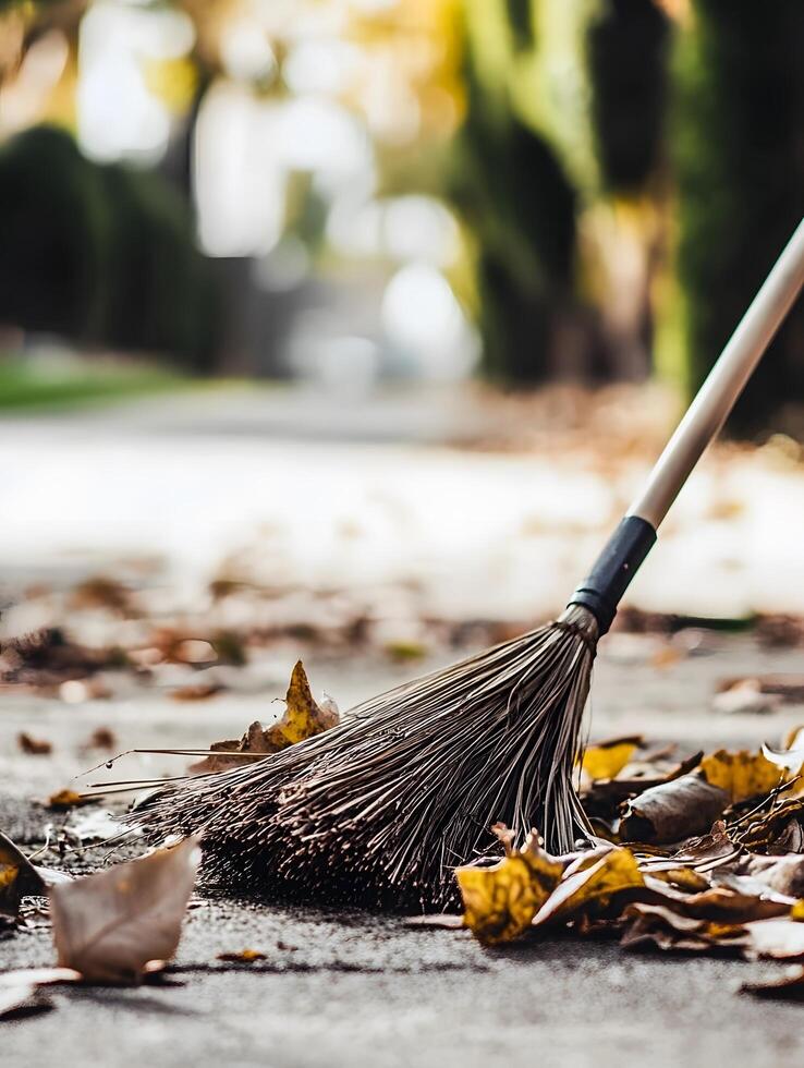 A broom and leaves on the ground photo