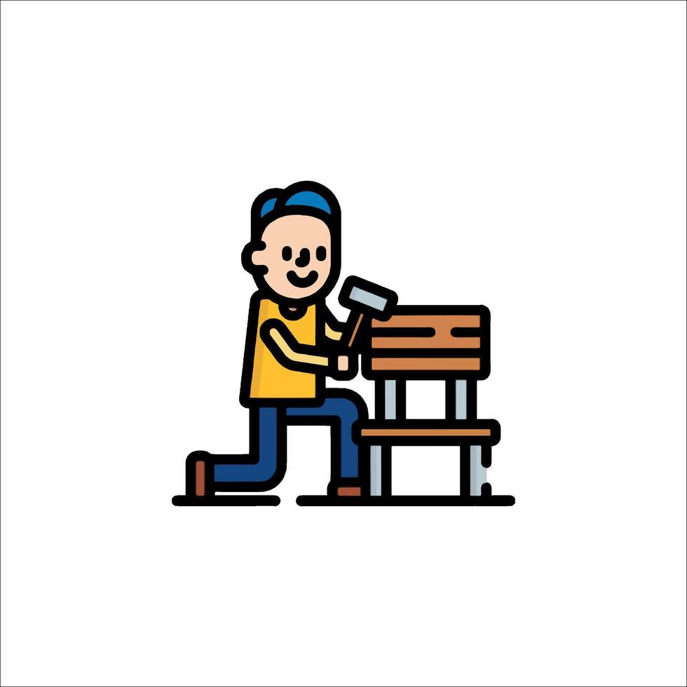 A man is working on a bench with a hammer vector