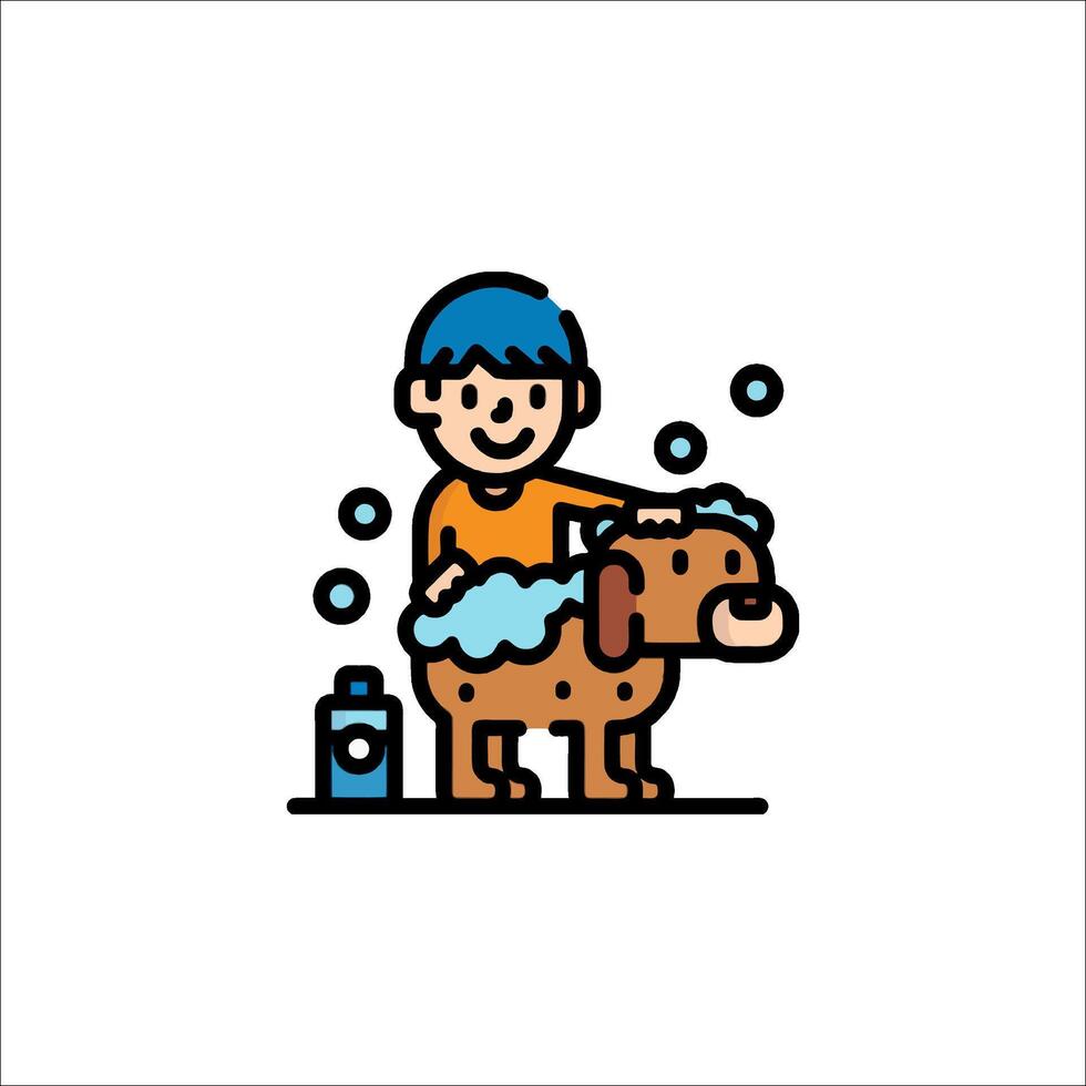 A boy washing his dog in a bathtub vector