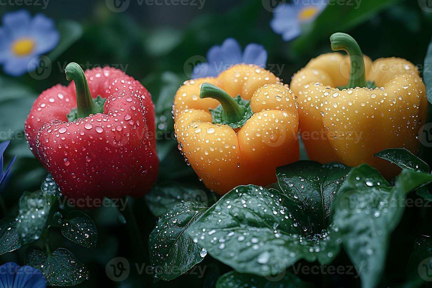 Fresh Dew-Kissed Bell Peppers in Garden Setting for Nature Photography photo