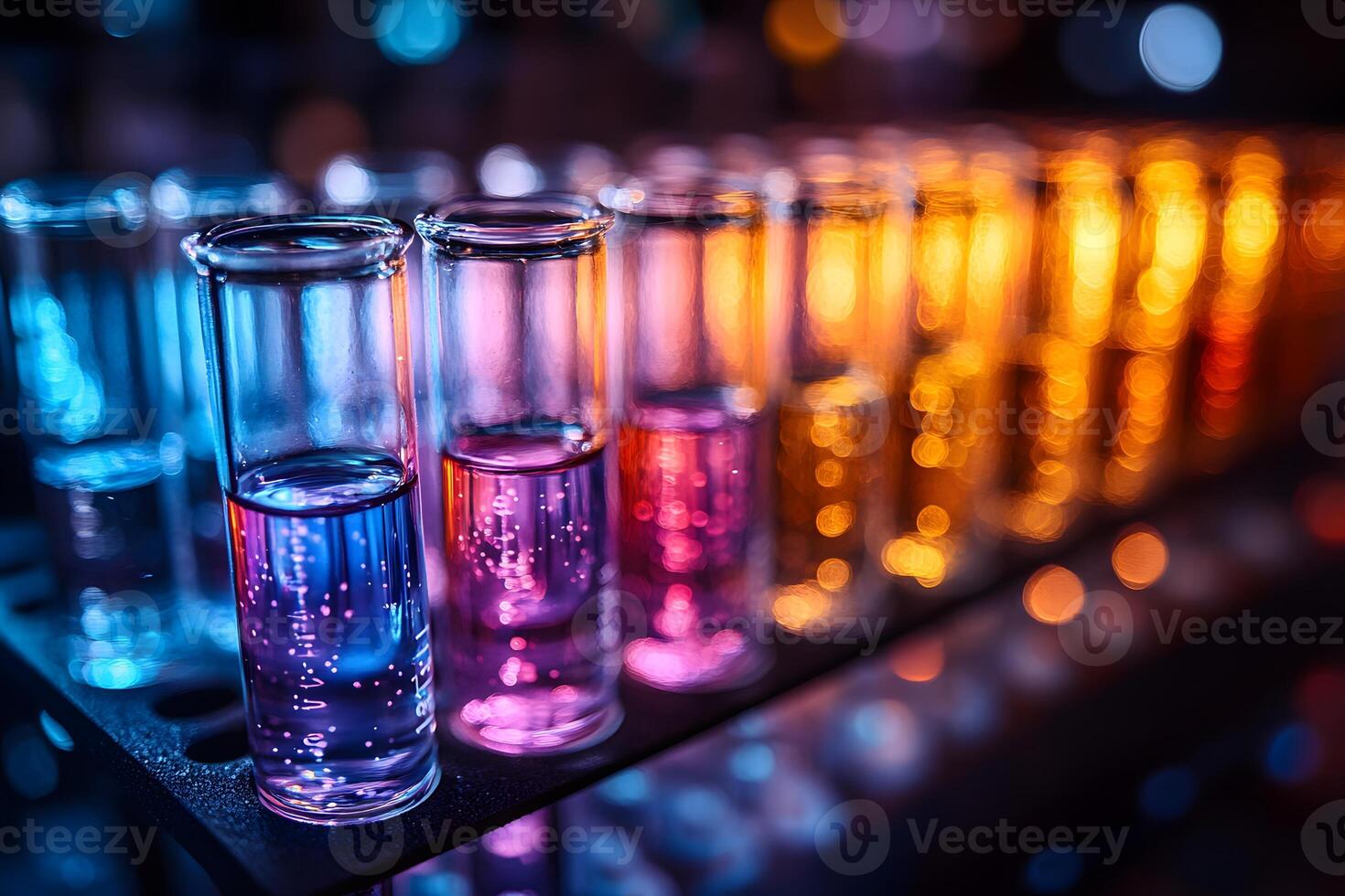 Vibrant Science Laboratory with Colorful Test Tubes and Bokeh Lights photo