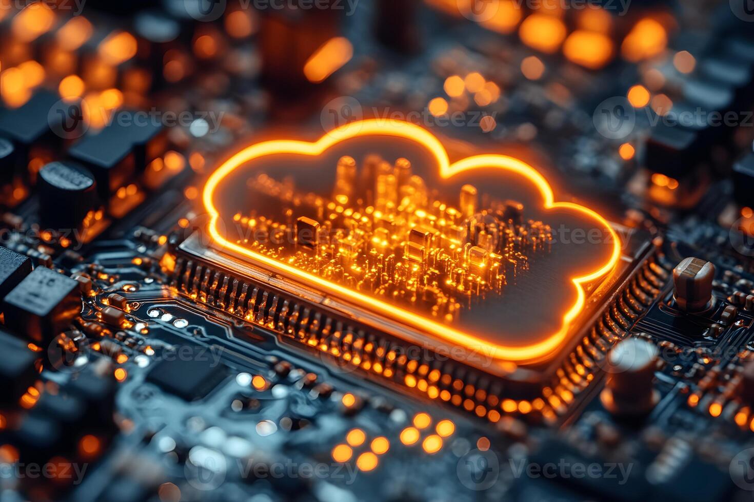 Digital Cloud Computing Concept with Glowing Microchip Circuitry for Tech Innovation photo