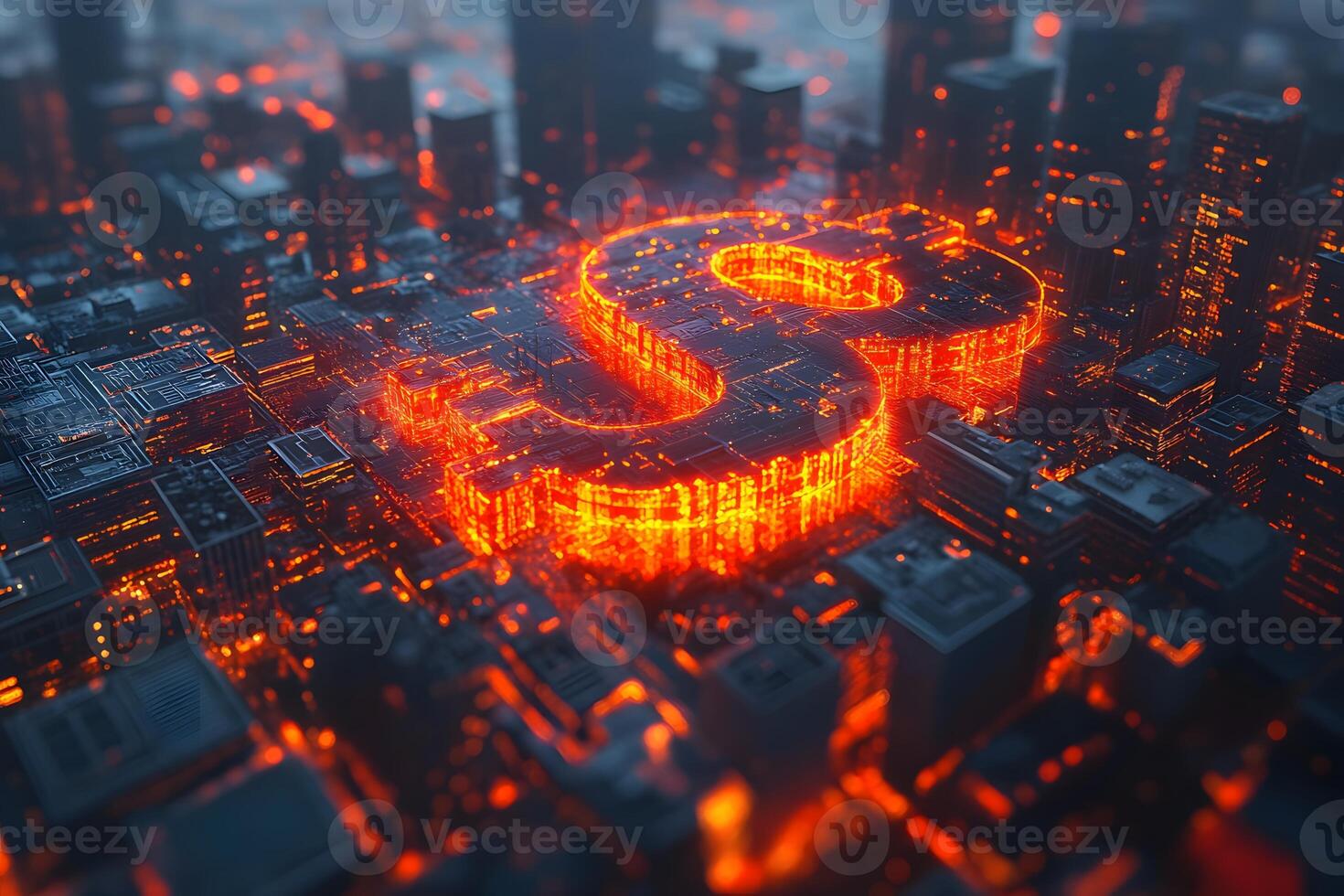 Futuristic Technology and Finance Glowing Dollar Sign in Digital Metropolis photo