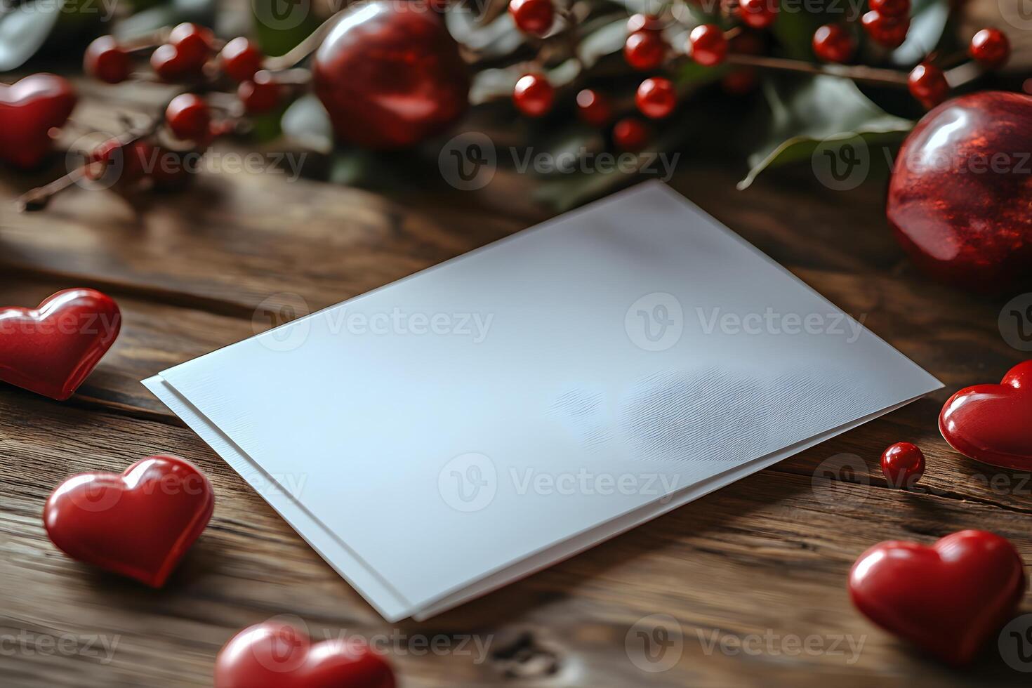 Romantic Valentine's Day Card with Red Hearts and Berries on Wooden Surface photo