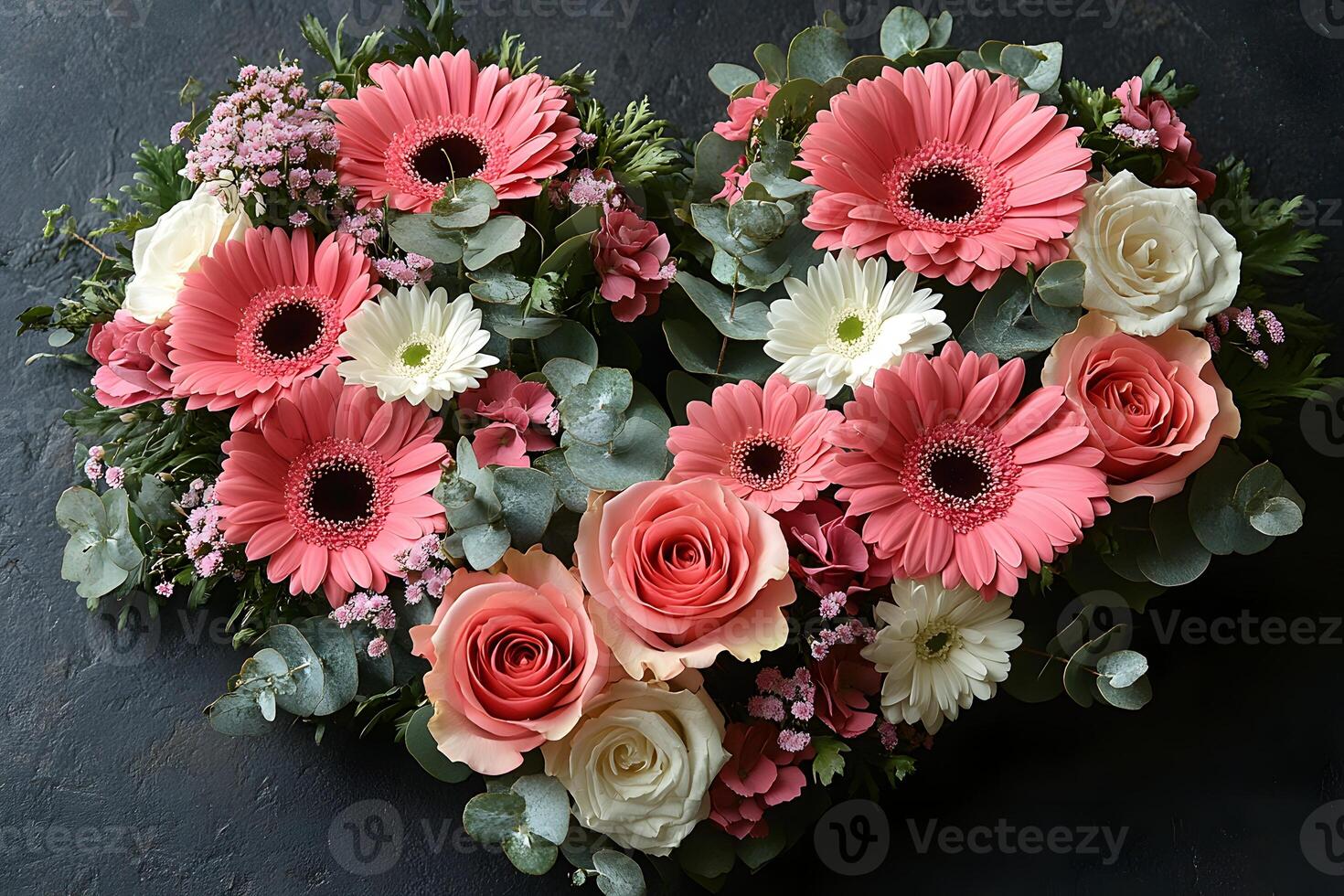 Heart-Shaped Floral Arrangement with Roses and Gerberas for Romantic Occasions and Floral Decor photo