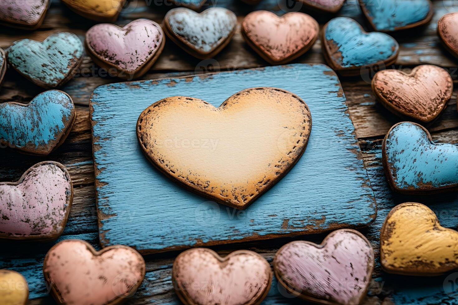 Rustic Wooden Heart Decorations on Distressed Blue Background for Valentine's Day or Romantic Design Projects photo