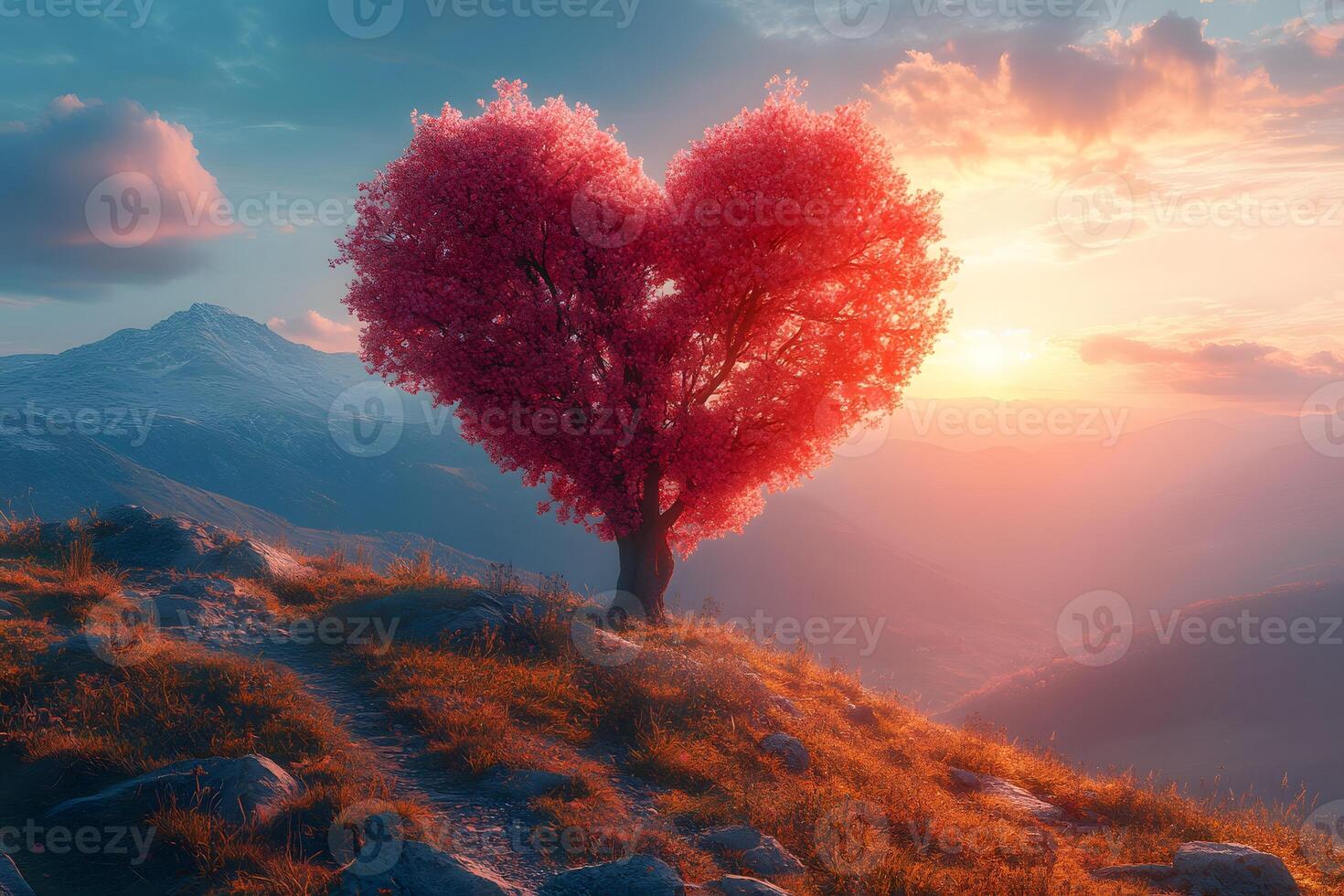 Heart-Shaped Tree in Romantic Mountain Sunset Landscape photo