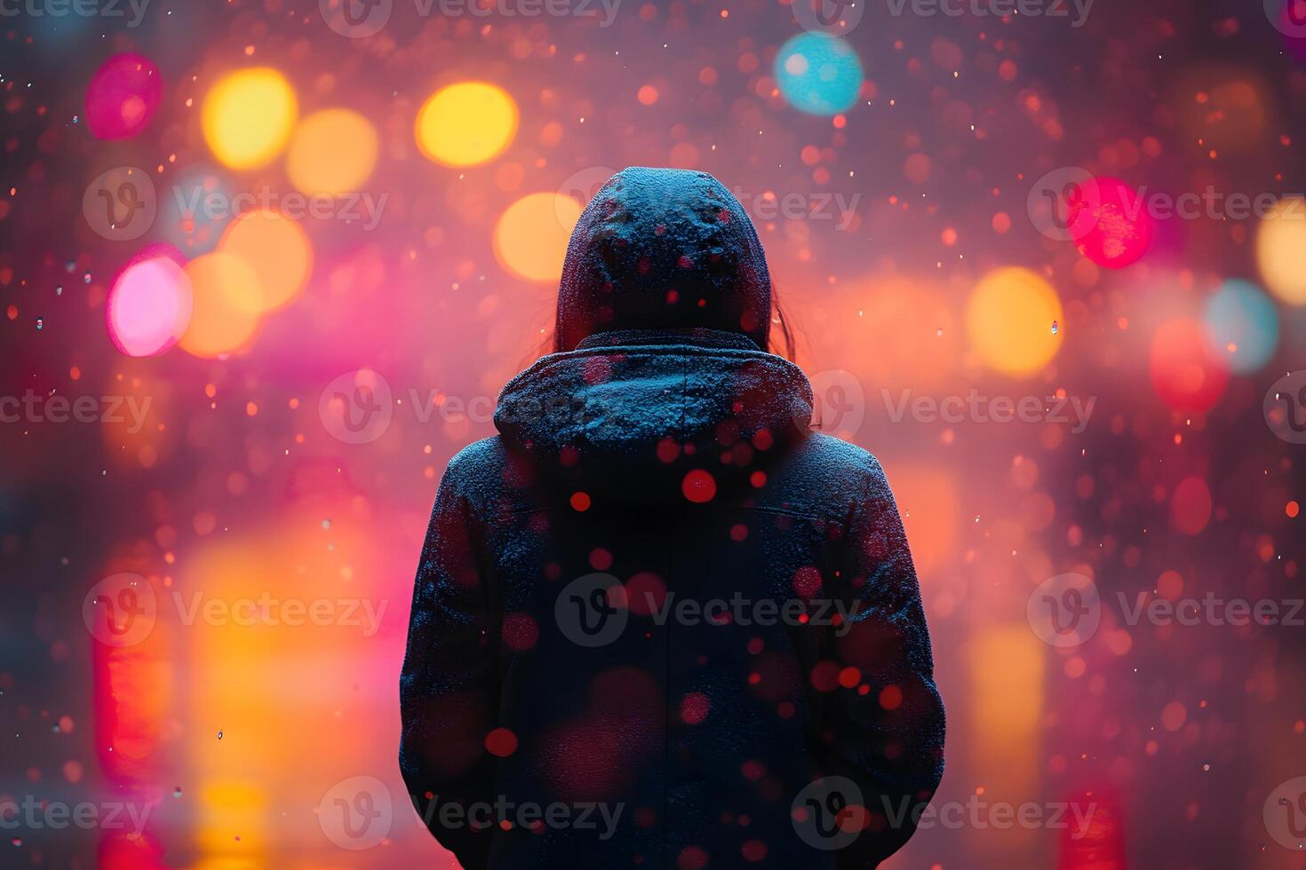 Winter Solitude Silhouette of a Hooded Figure Against Vibrant City Lights and Snowfall photo