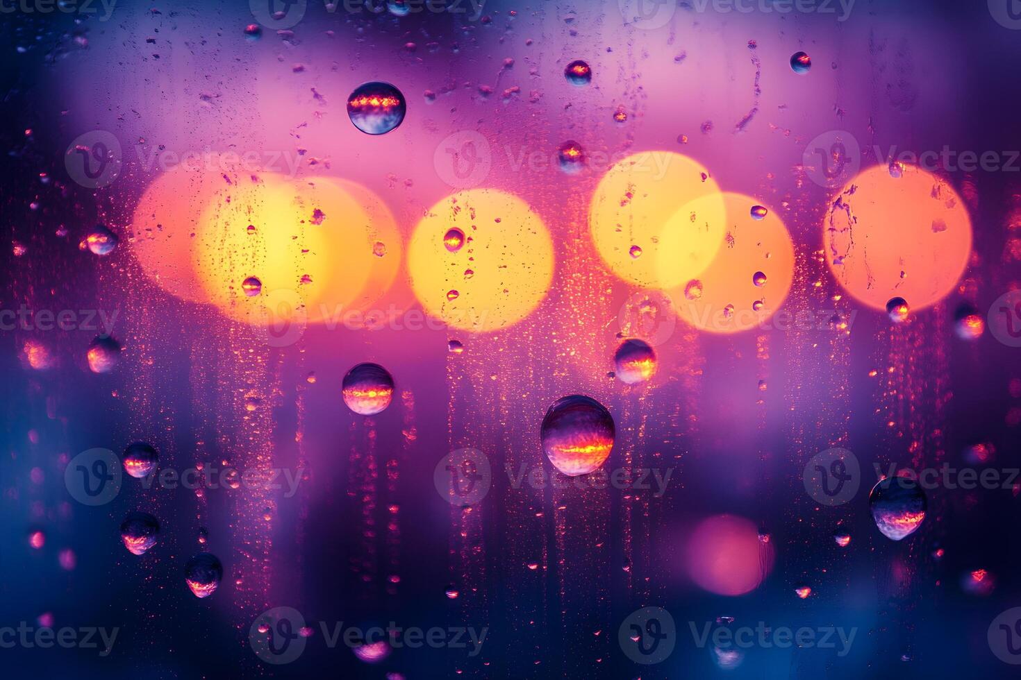 Vibrant Raindrop-Covered Window with Blurred Bokeh Lights at Dusk for Creative Design photo
