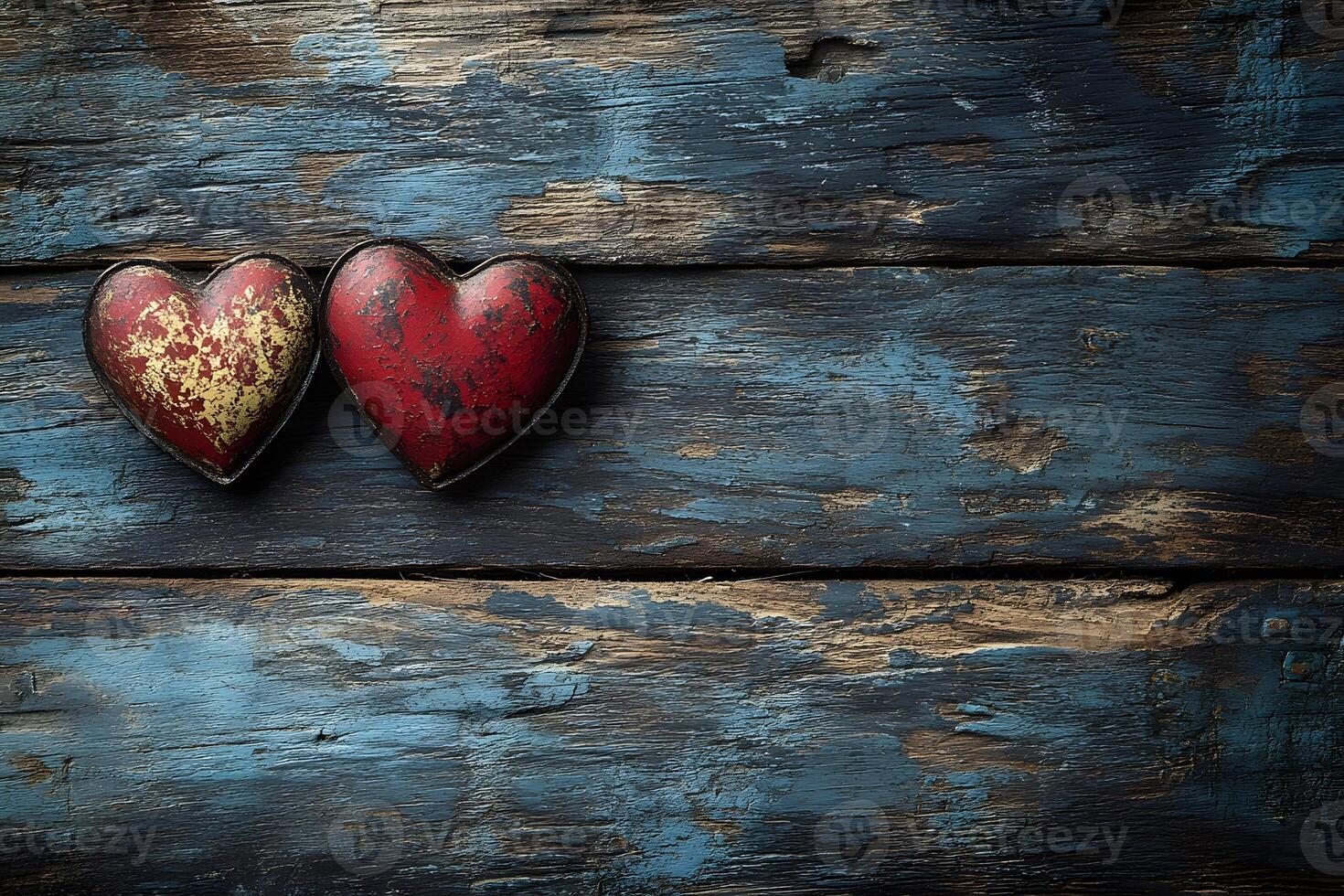 Rustic Love Theme Two Vintage Hearts on Weathered Wooden Background photo