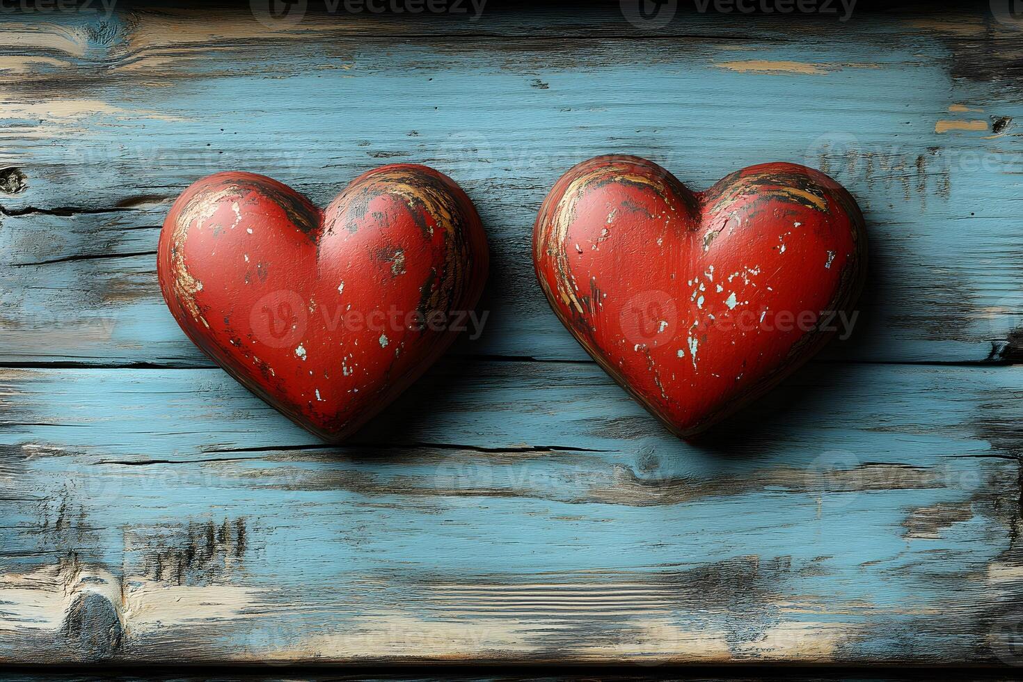 Rustic Wooden Hearts on Distressed Blue Wood Background for Vintage Decor photo