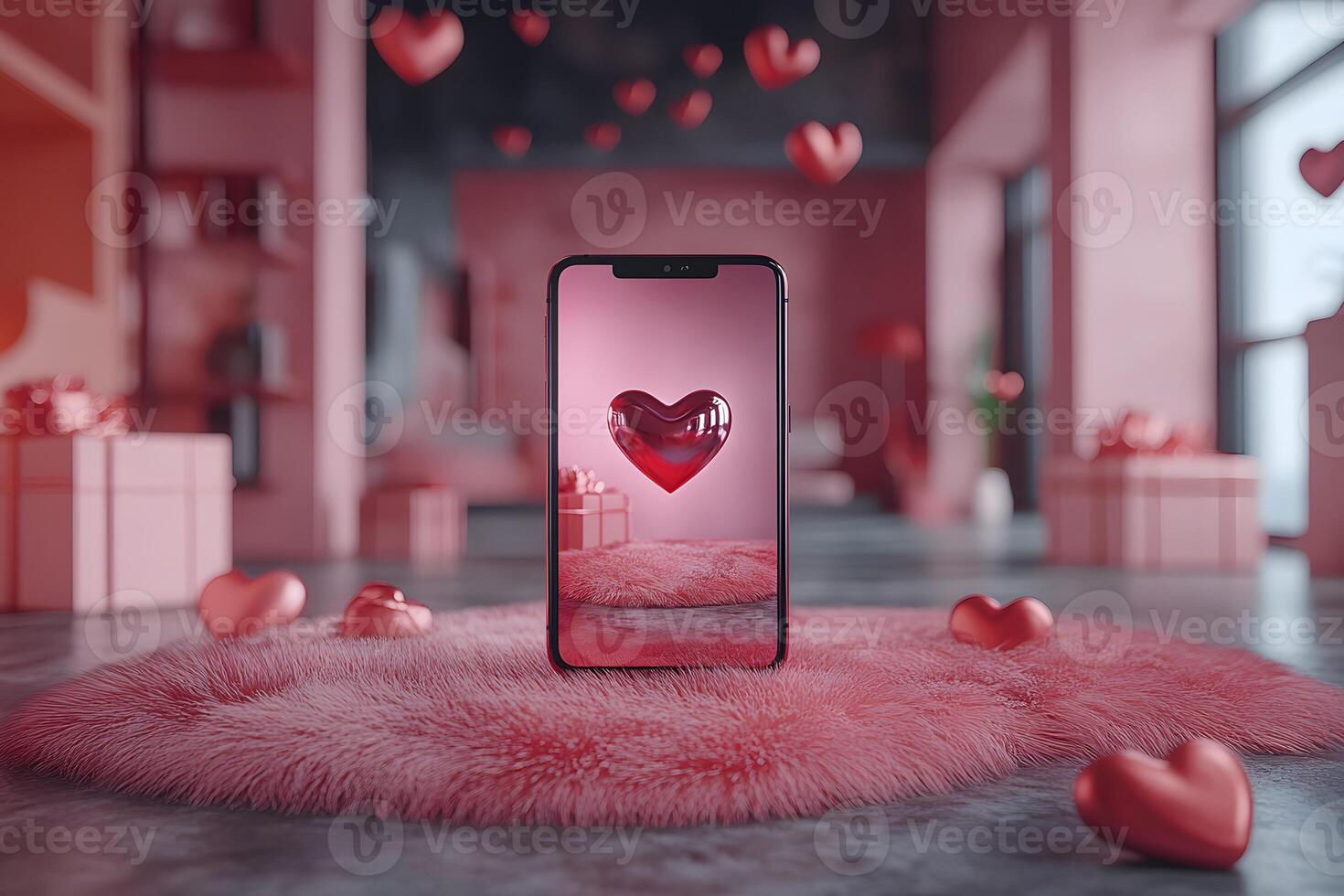 Romantic Valentine's Day Smartphone Display with Floating Hearts for Social Media and Design photo
