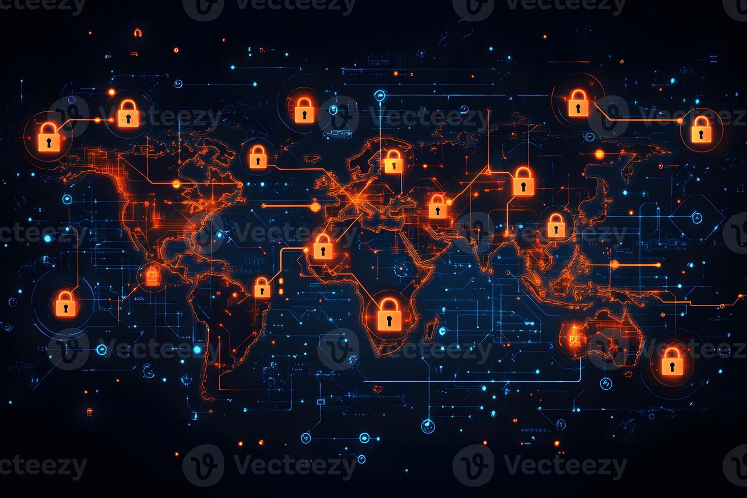 Global Cybersecurity Network Concept with Digital Locks and World Map photo