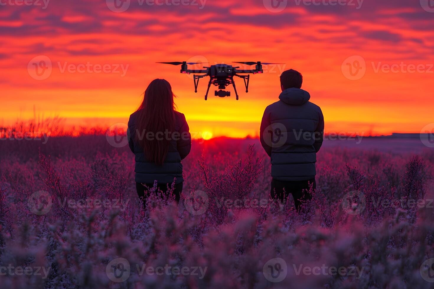 Sunset Adventure with Drone and Companions in Vibrant Landscape photo