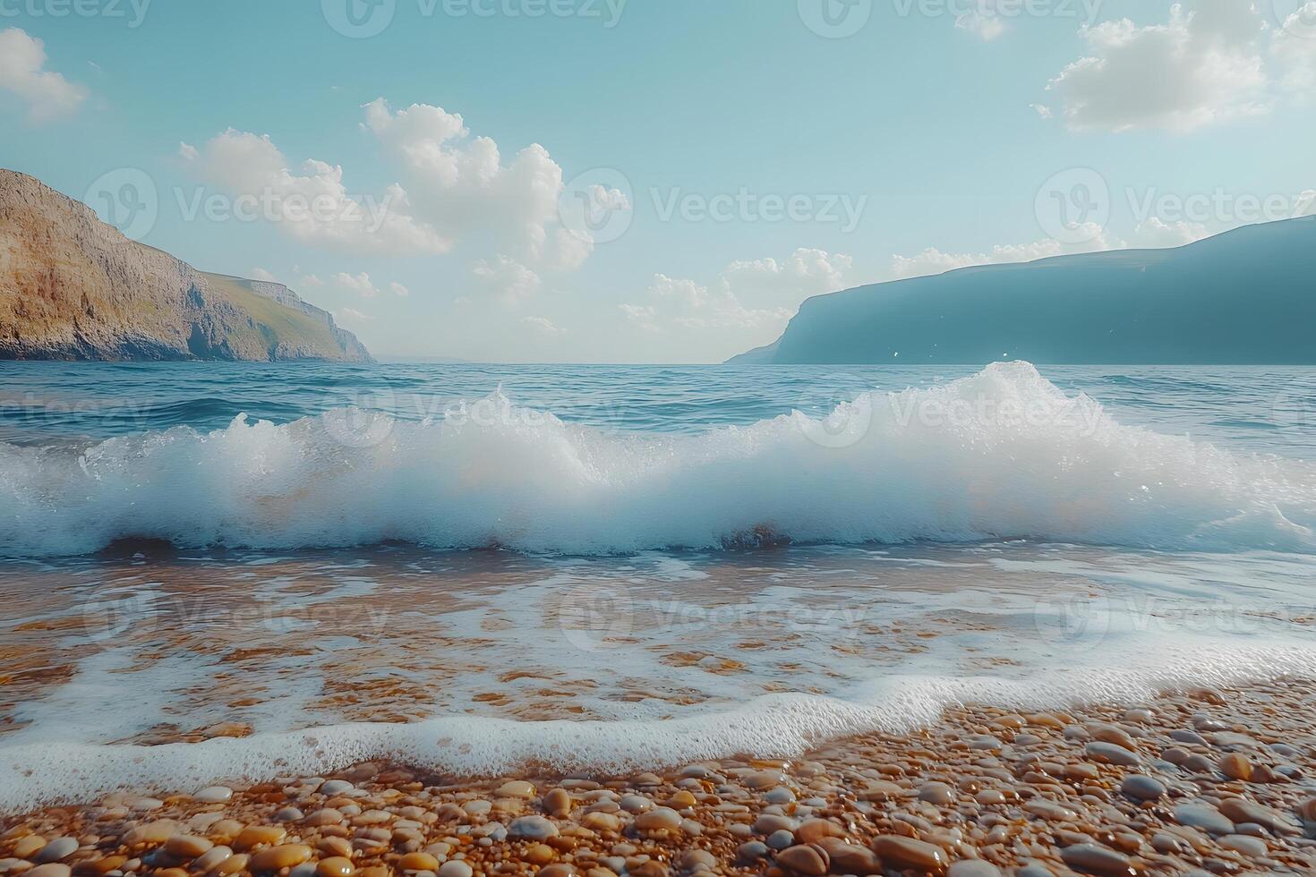 Tranquil Coastal Scene with Gentle Waves and Rocky Shoreline for Nature Design photo
