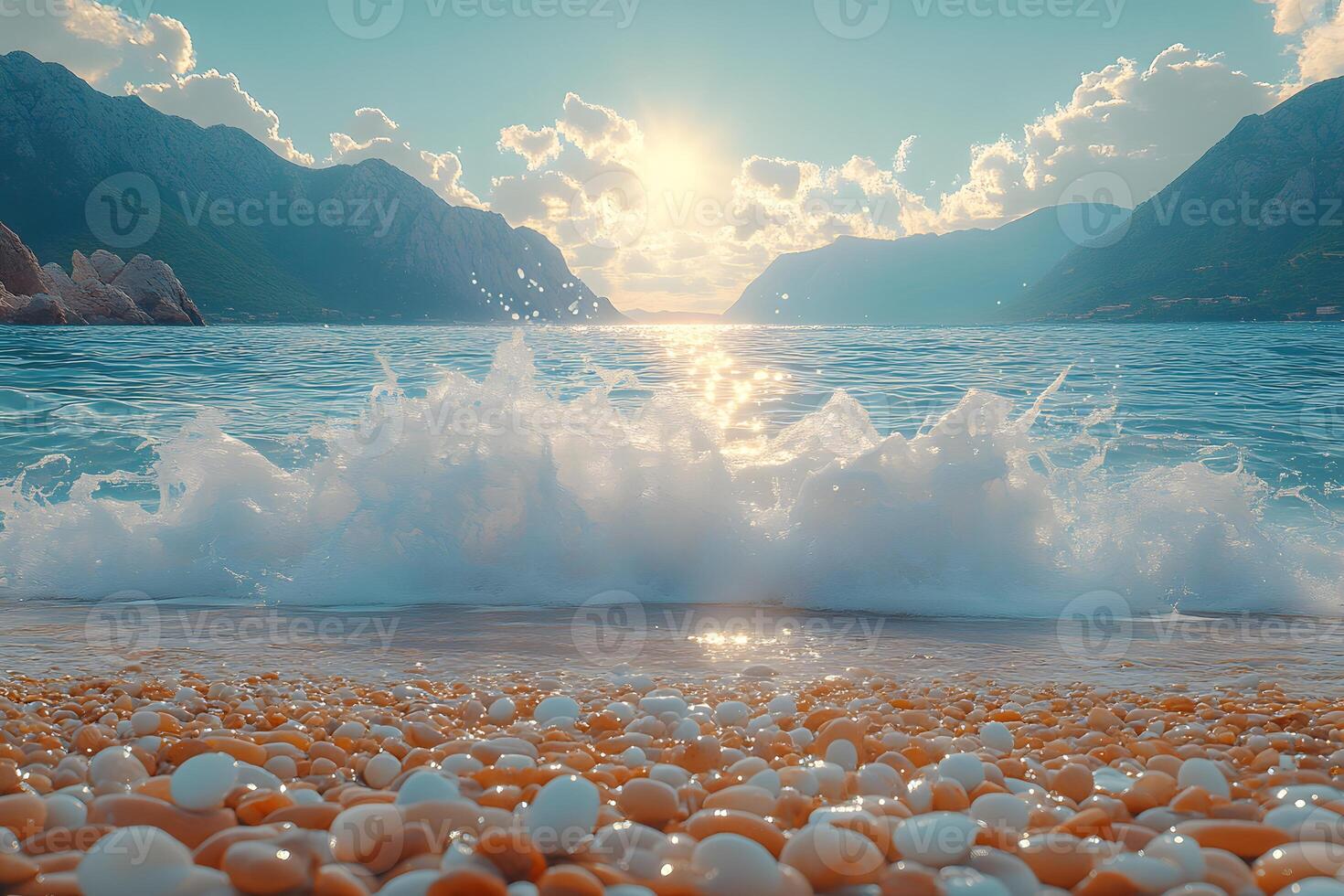 Serene Sunset Over Rocky Beach with Waves and Mountain View for Nature Posters photo