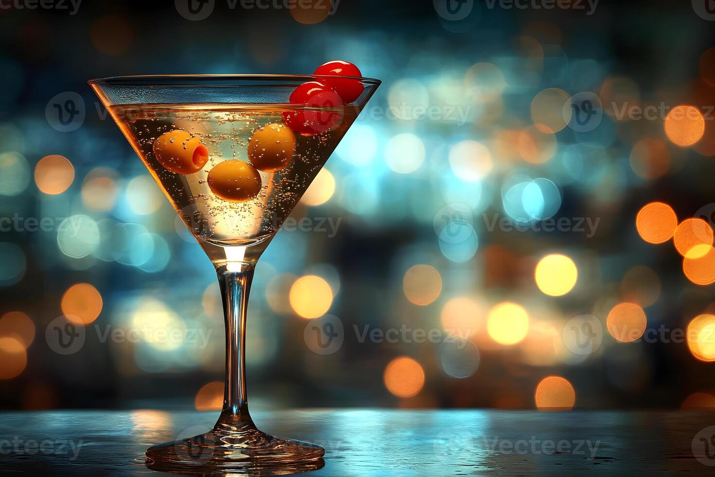 Elegant Martini Glass with Olives and Cherries Against Vibrant Bokeh Background photo