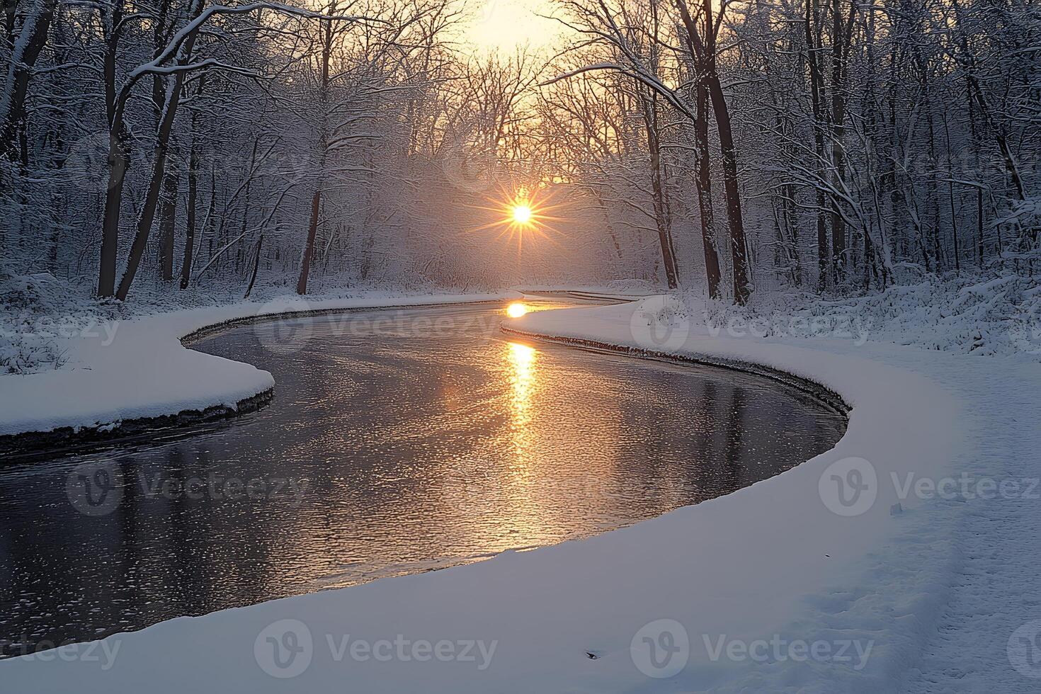 Tranquil Winter Sunrise Over Snowy Forest Stream Nature's Serene Beauty for Seasonal Decor and Inspiration photo