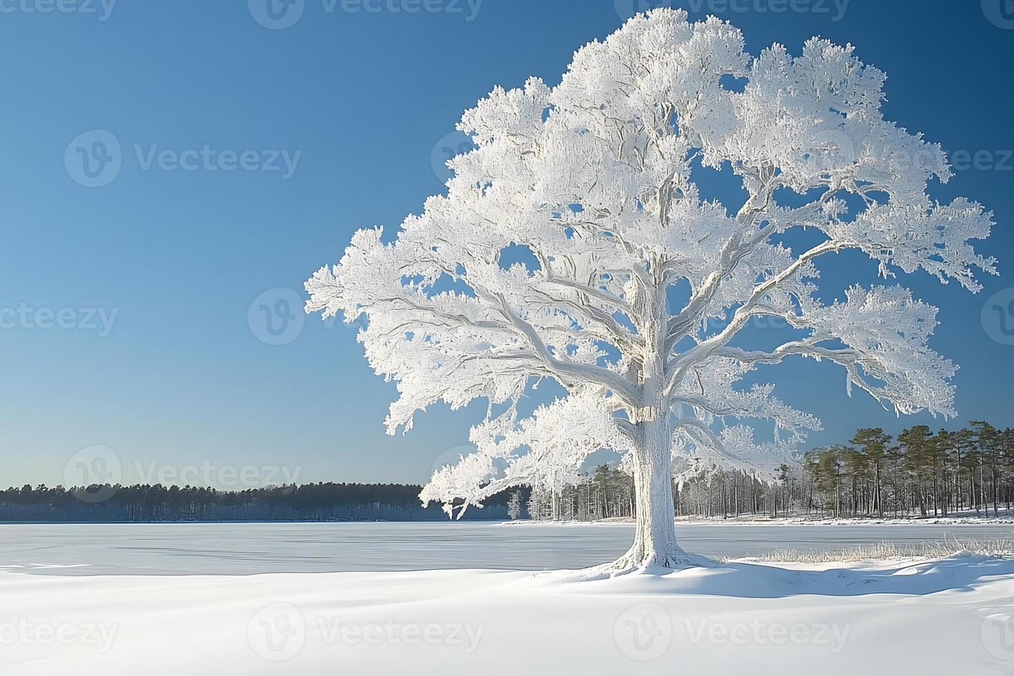 Majestic Winter Landscape with Frost-Covered Tree by Tranquil Lake photo
