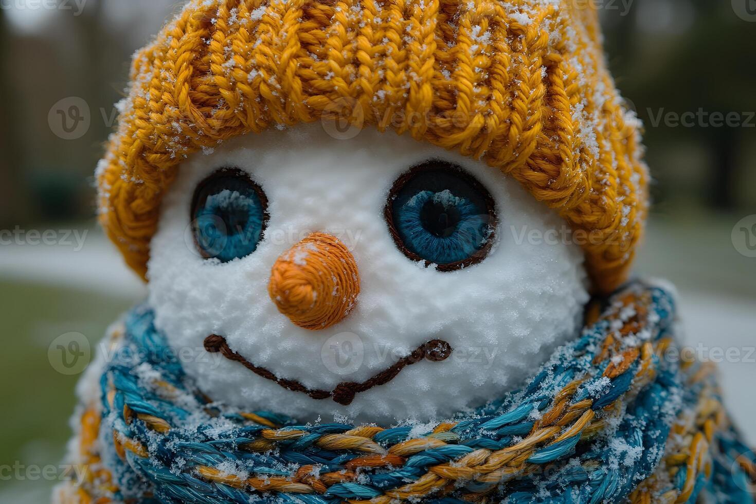 Whimsical Winter Snowman with Knit Hat and Scarf in Serene Landscape photo