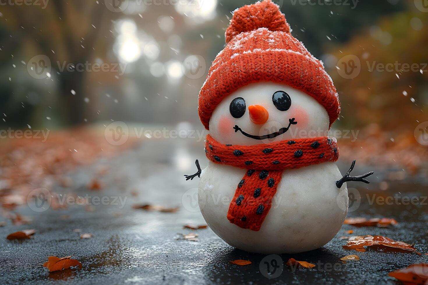 Cheerful Snowman in Autumn Attire on a Snowy Pathway for Seasonal Fun photo