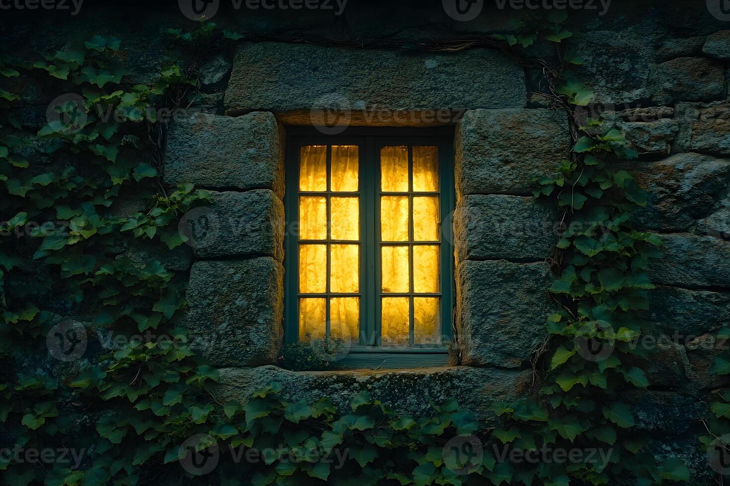 Warm Glow Through Rustic Window with Ivy-Covered Stone Wall for Cozy Home Decor photo