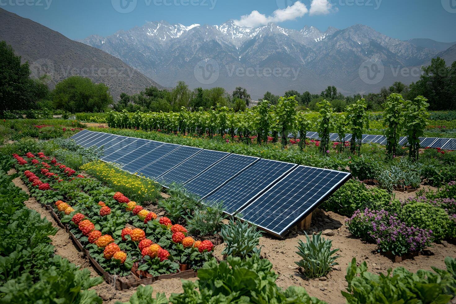 Sustainable Solar-Powered Farm with Vibrant Flowers and Mountain View photo