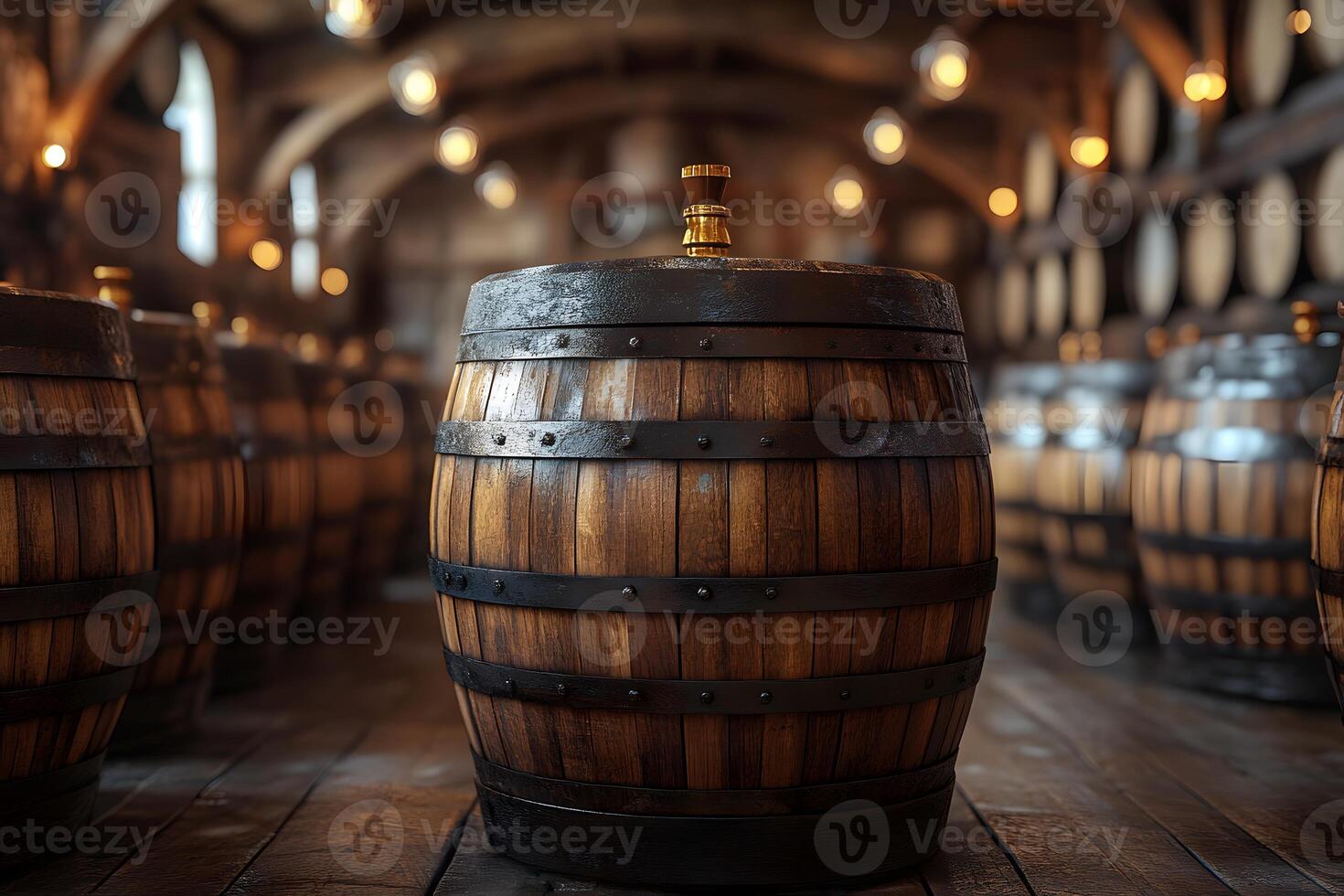 Wooden Oak Barrels in Rustic Cellar - Perfect for Winery and Brewery Design photo