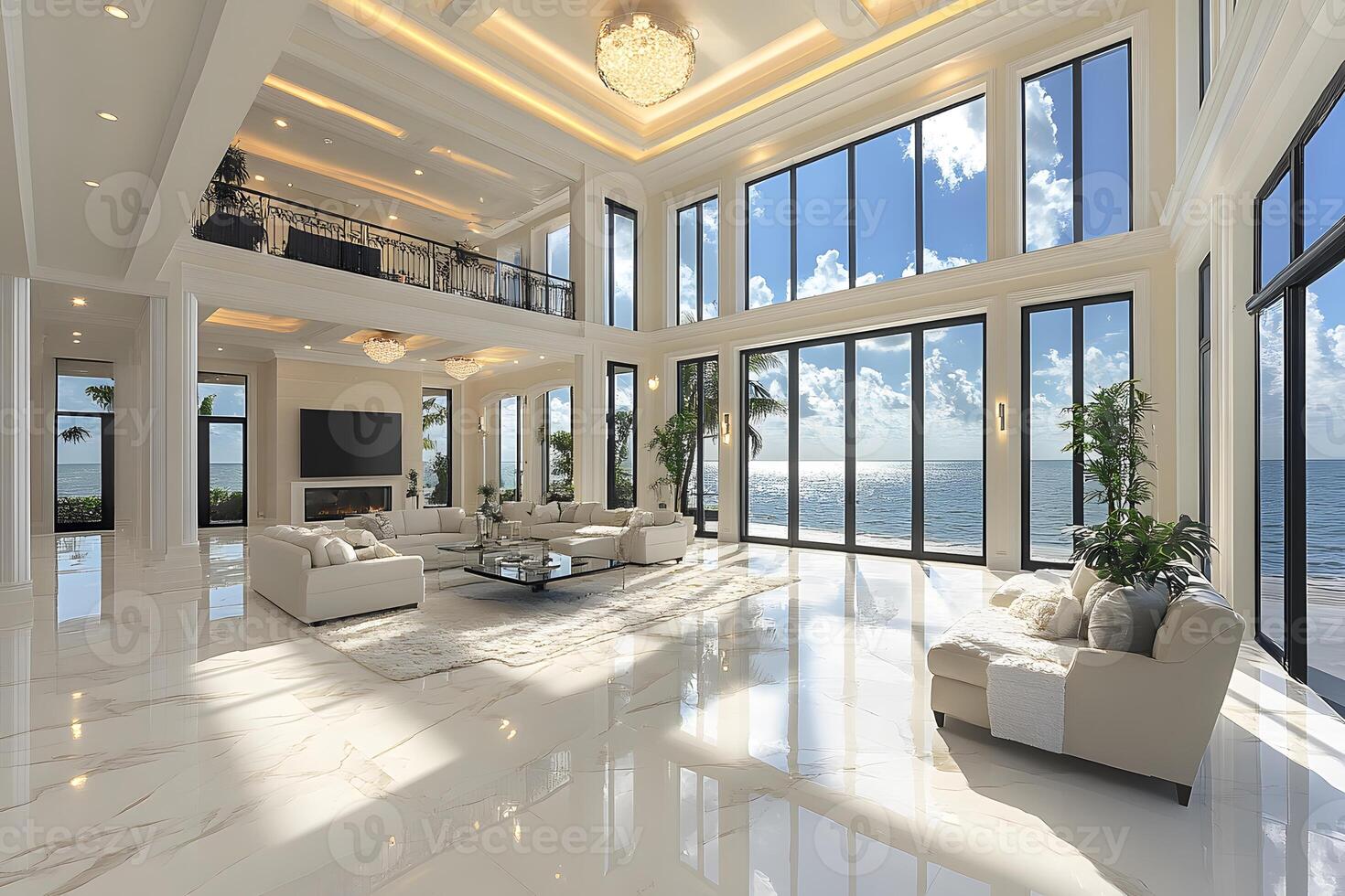 Luxurious Oceanfront Living Room with Expansive Windows and Modern Elegance photo