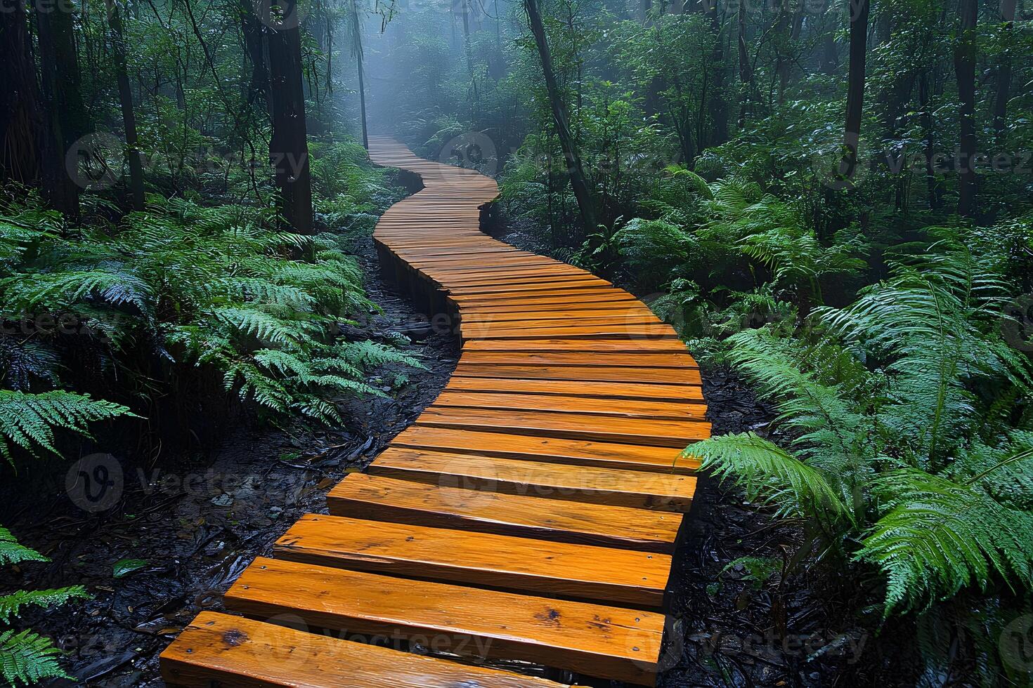 Serene Wooden Path Through Misty Forest - Nature's Tranquil Escape photo