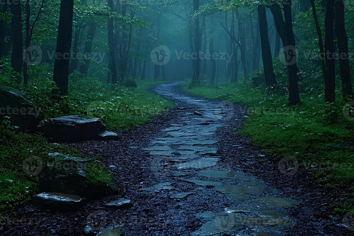 Misty Forest Pathway in Tranquil Woodland Setting for Nature Inspiration photo