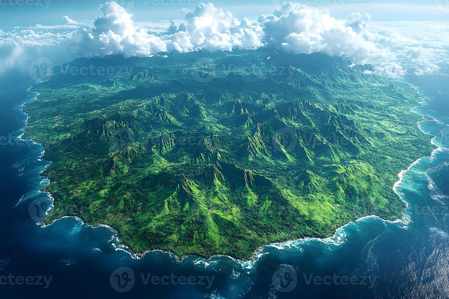 Majestic Aerial View of Lush Tropical Island with Rugged Mountains and Coastal Cloudscape photo