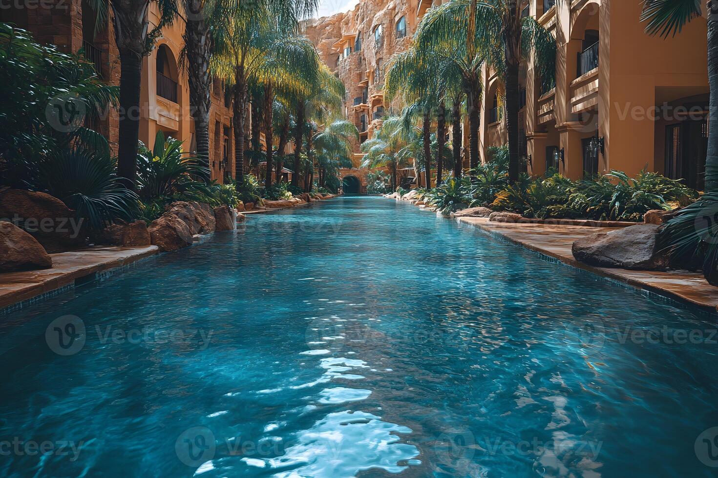 Tropical Oasis in Luxurious Indoor Resort Pool with Palm Trees photo