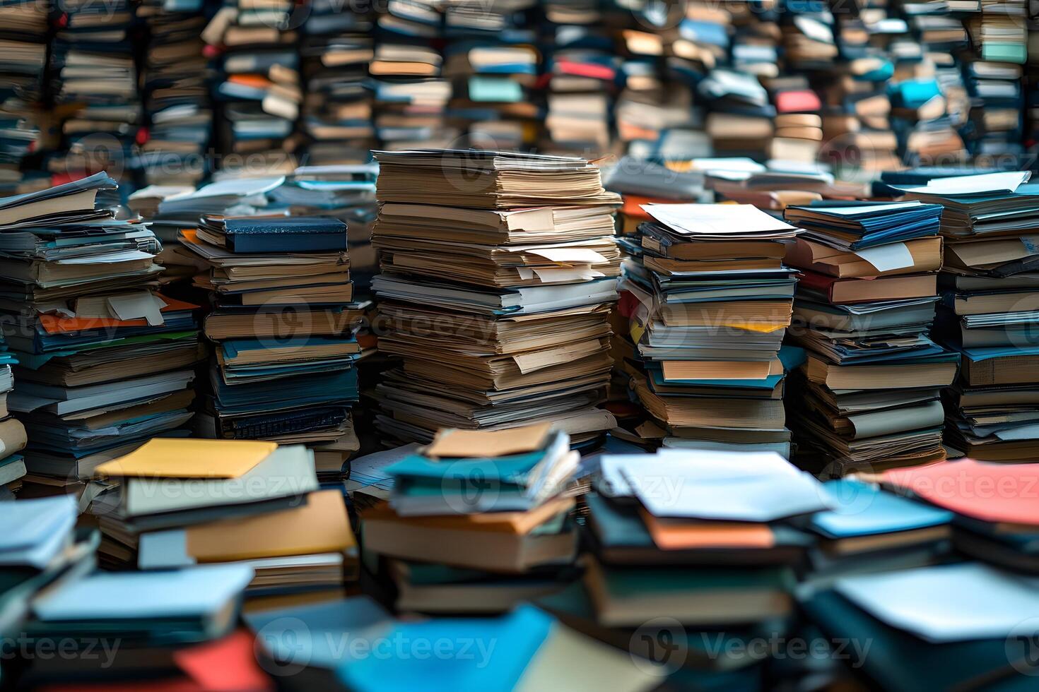 Endless Piles of Colorful Books and Documents in a Cluttered Archive photo
