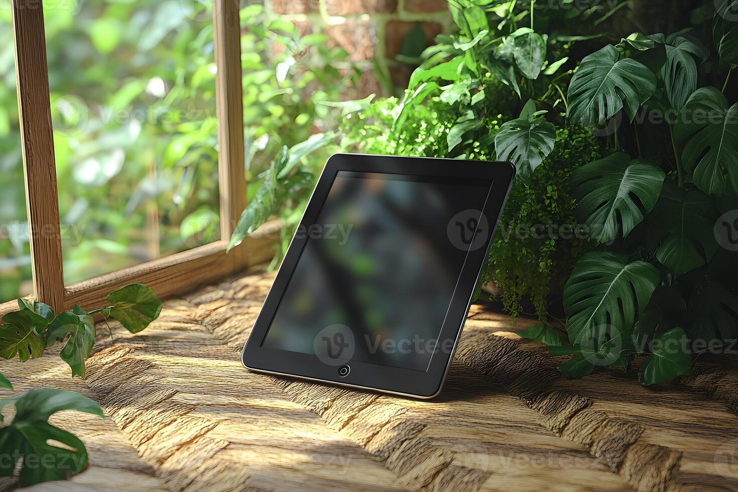 Digital Tablet in Lush Indoor Greenery Setting for Natural Workspace Inspiration photo