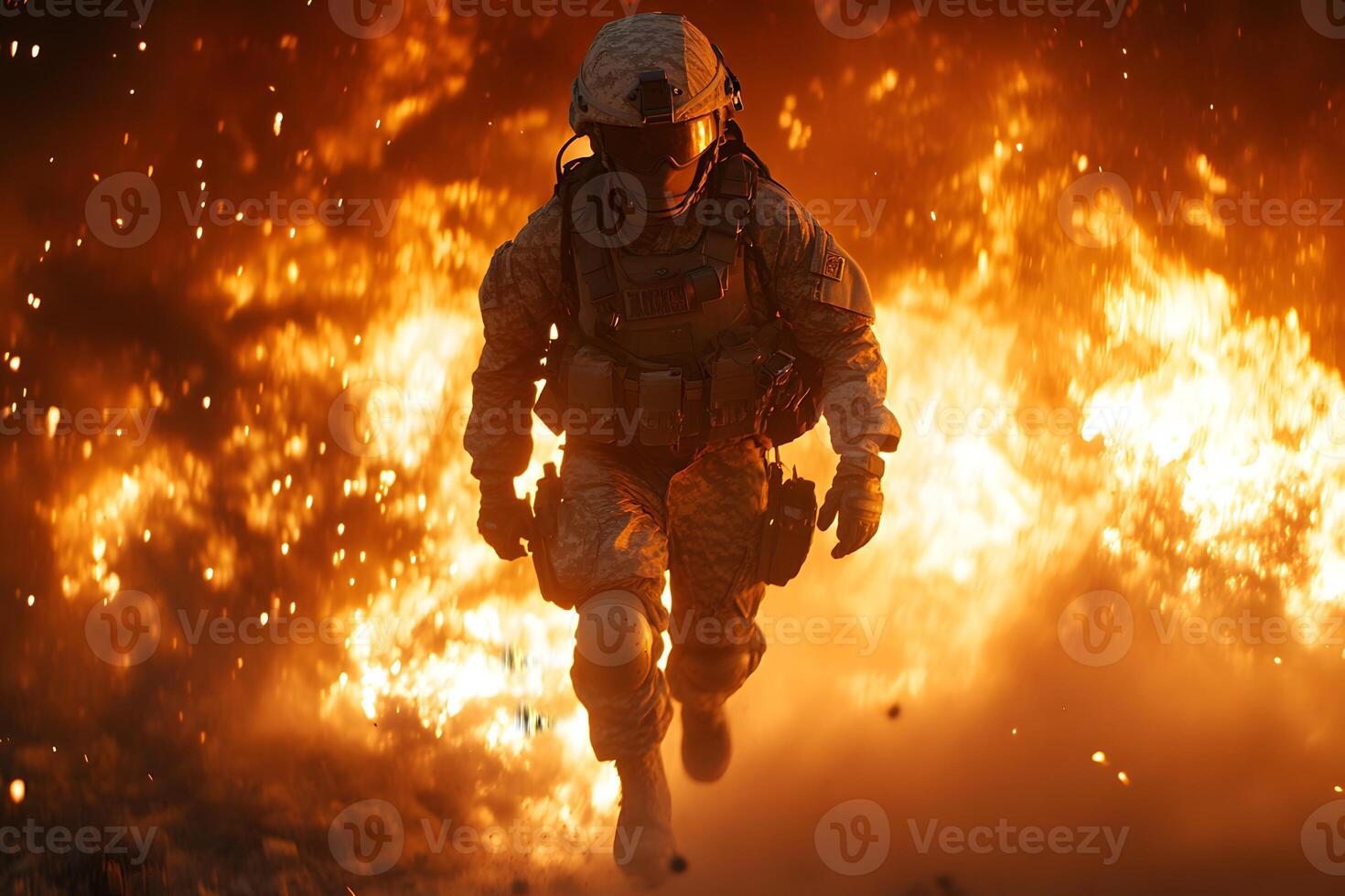 Dramatic Soldier Scene in Intense Fire Explosion for Action Theme Designs photo