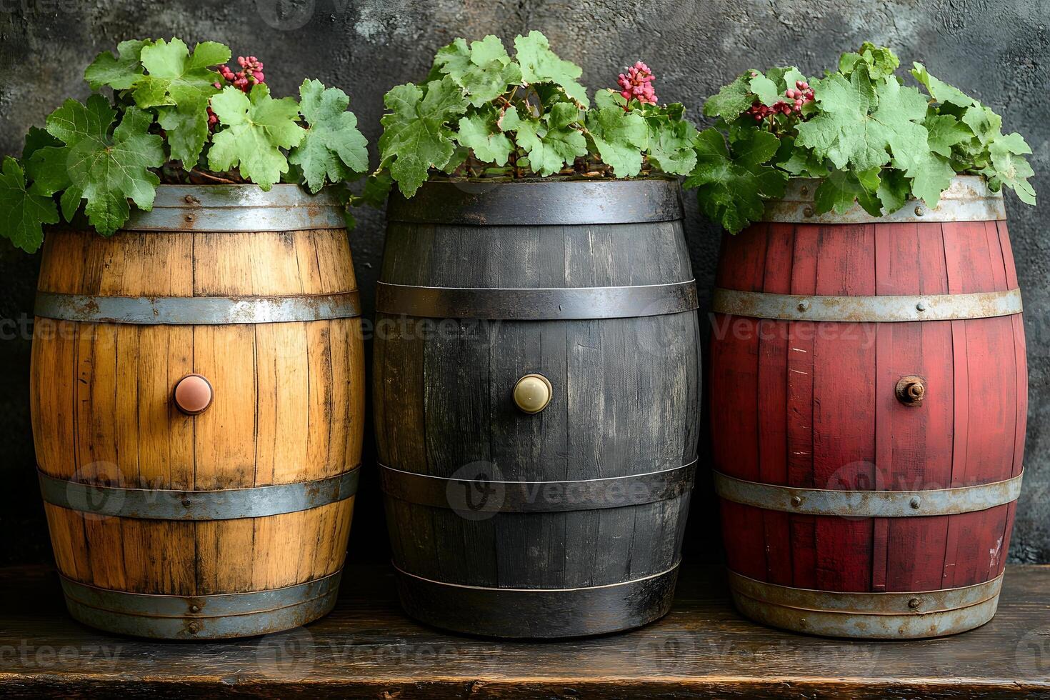Rustic Wine Barrel Planters with Grapevine Decor for Home and Garden Design photo