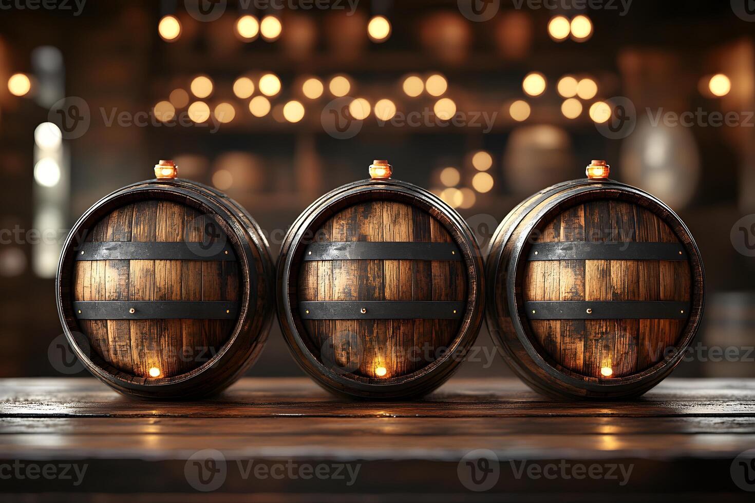 Rustic Wooden Barrels in Warm Tavern Setting - Ideal for Winery or Brewery Posters photo
