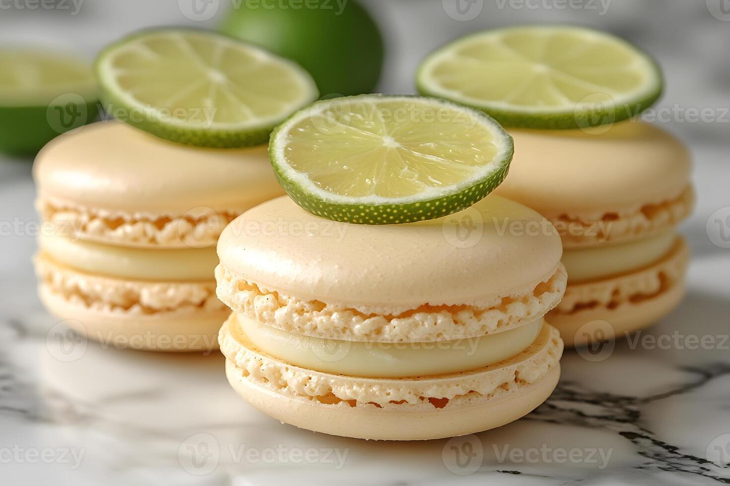 Lemon Lime Macaron Trio with Fresh Citrus Slices on Marble Background for Culinary Design and Dessert Promotions photo